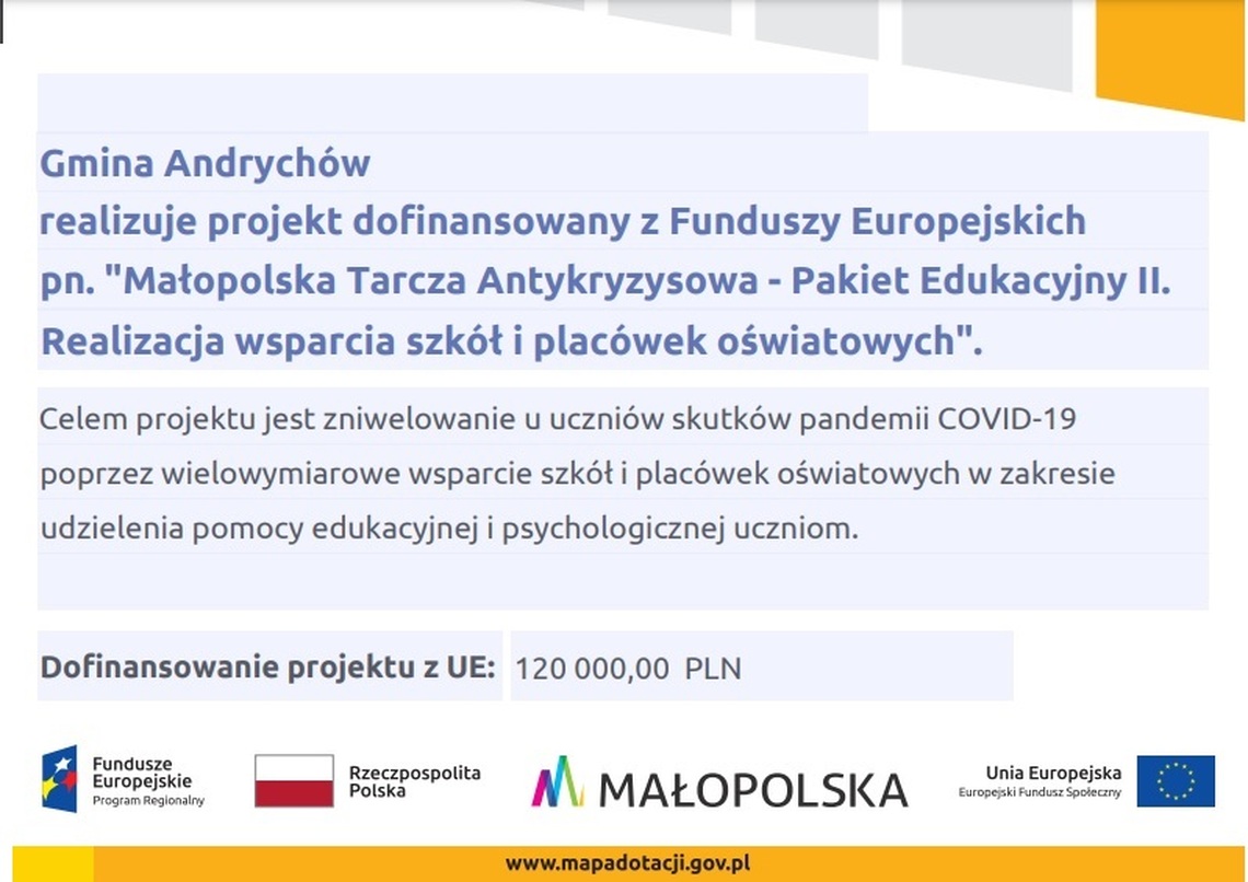 Projekt " Małopolska Tarcza Antykryzysowa - Pakiet Edukacyjny II"